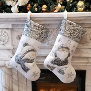 17" Classic White Silvery Christmas Stockings Set of 2 Santa, Snowman Character