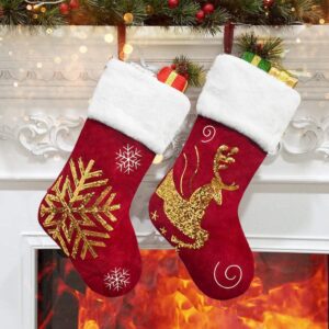 2 Pcs 18 inches Christmas Stockings, New Embroidery Sequins Red Velvet Decor