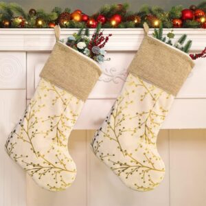 20" Gold Linen Christmas Stockings with Berries Branches for Xmas Decor