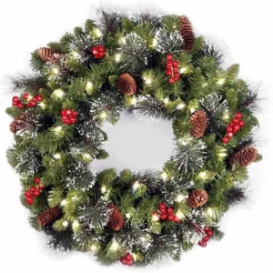 24" Pre-Lit Artificial Christmas Wreath, White Lights, Decorated with Pine Cones, Berry Clusters, Frosted Branches