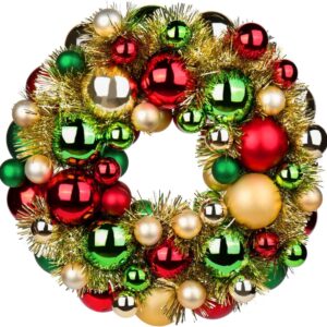 13" Xmas Wreaths Ornaments Glitter Thicken Shatterproof Garland Decor for Door Wall, Champagne Gold & Red & Green