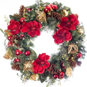 30" Artificial Christmas Wreath, Pre Lit with 50 Warm Clear Colored LED Mini Lights, Includes Controlled Battery Powered Timer