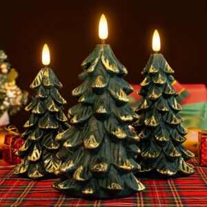 3 Set Christmas Tree Shaped Real Wax Green 3D Wick Flickering Battery LED Flameless Candles