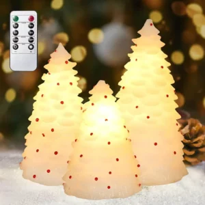 3 Set Christmas Tree LED Candles Remote Handmade Carved Flameless Candles