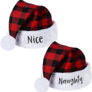 2 Pieces Naughty and Nice Plush Christmas Santa Hats Buffalo Plaid Holiday Hat for Christmas Parties