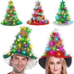 3 Pack Christmas Hats Tree Santa Hat for Adults Kids with 30LED Color Lights Tinsel Star Poms Christmas