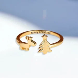 Cute Elk and Christmas Tree Personalized Engraved Ring