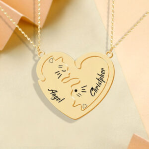 Two Cat Nameplate Puzzle Pendant Personalized Custom Gold Plated Engraved Name Necklace Couple Best Friend Gift