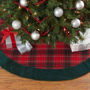 Holiday Plaid Tree Skirt With Velvet Emerald Trim