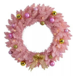 Natural 24" Pre-lit LED Pine Artificial Christmas Wreath Pink with Warm White Lights